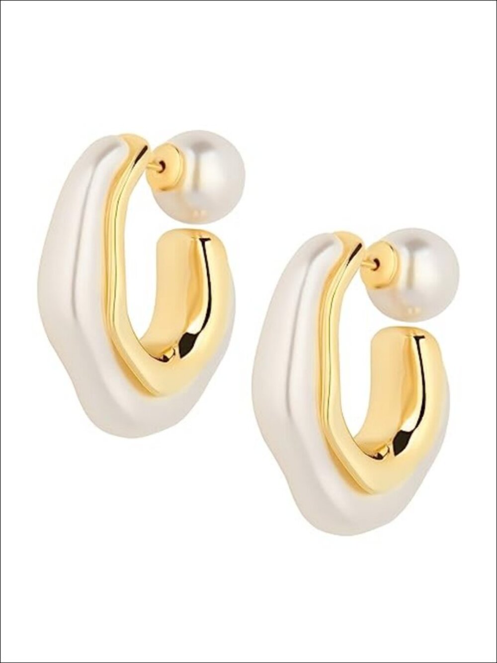 Chunky Pearl Drop Hoop Earrings 14K Gold Plated Brass Push Back